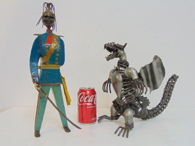 2 metal sculptures, dragon & soldier, winged dragon sculpture made of machine parts, 9" wide, 10.5" (1 of 6)
