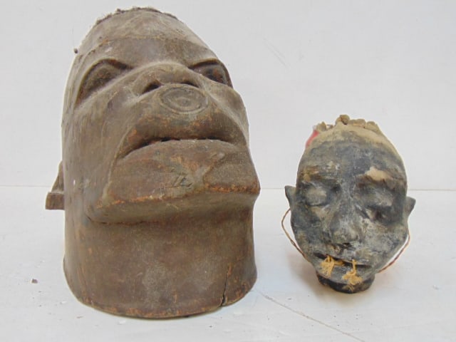 2 ethnic heads, carved wood head with applied hair & faux shrunken head, leather (1 of 6)