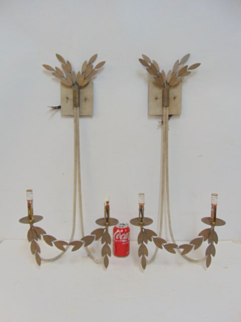 Pair Julie Neill Designs custom wall sconces "Maria", with leaf decoration, sconces are 30.25" tall, (1 of 4)