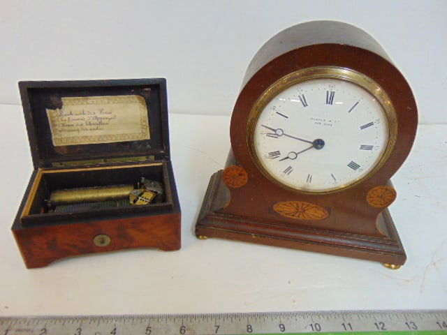 Small inlaid mahogany clock by Marcus & Co plus small German music box, clock is 7.75" long, 7.75" (1 of 6)