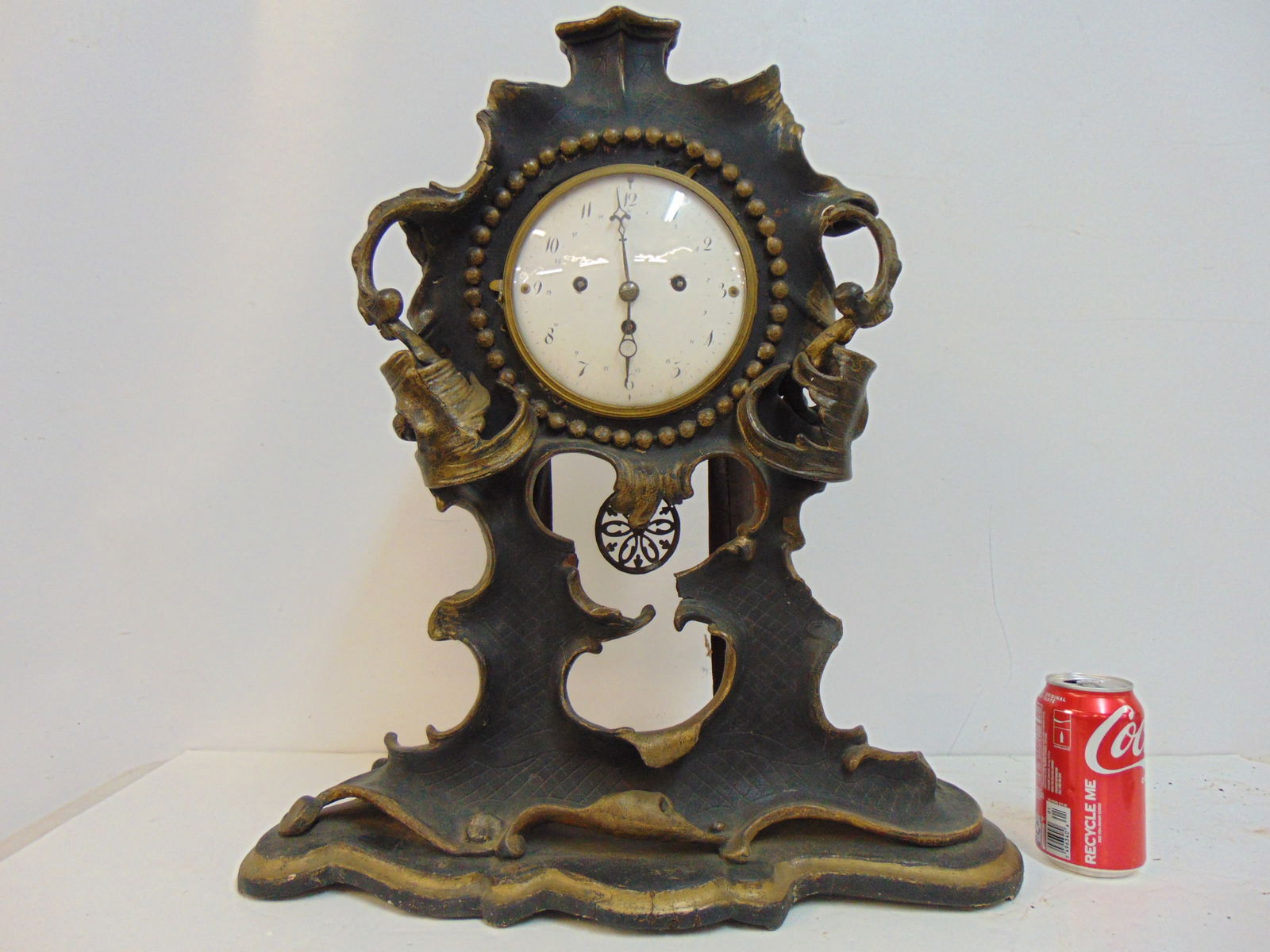 Ornate mantle clock, plaster over wood, clock is 21.5" tall, some chips, loss. (1 of 6)