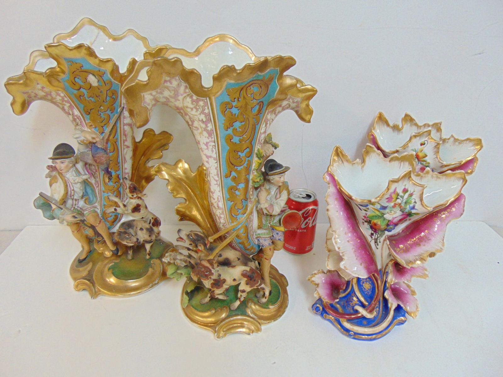 2 pair porcelain figural flair or spill vases, hunters with dogs, gilt & paint decorated, vases are (1 of 15)