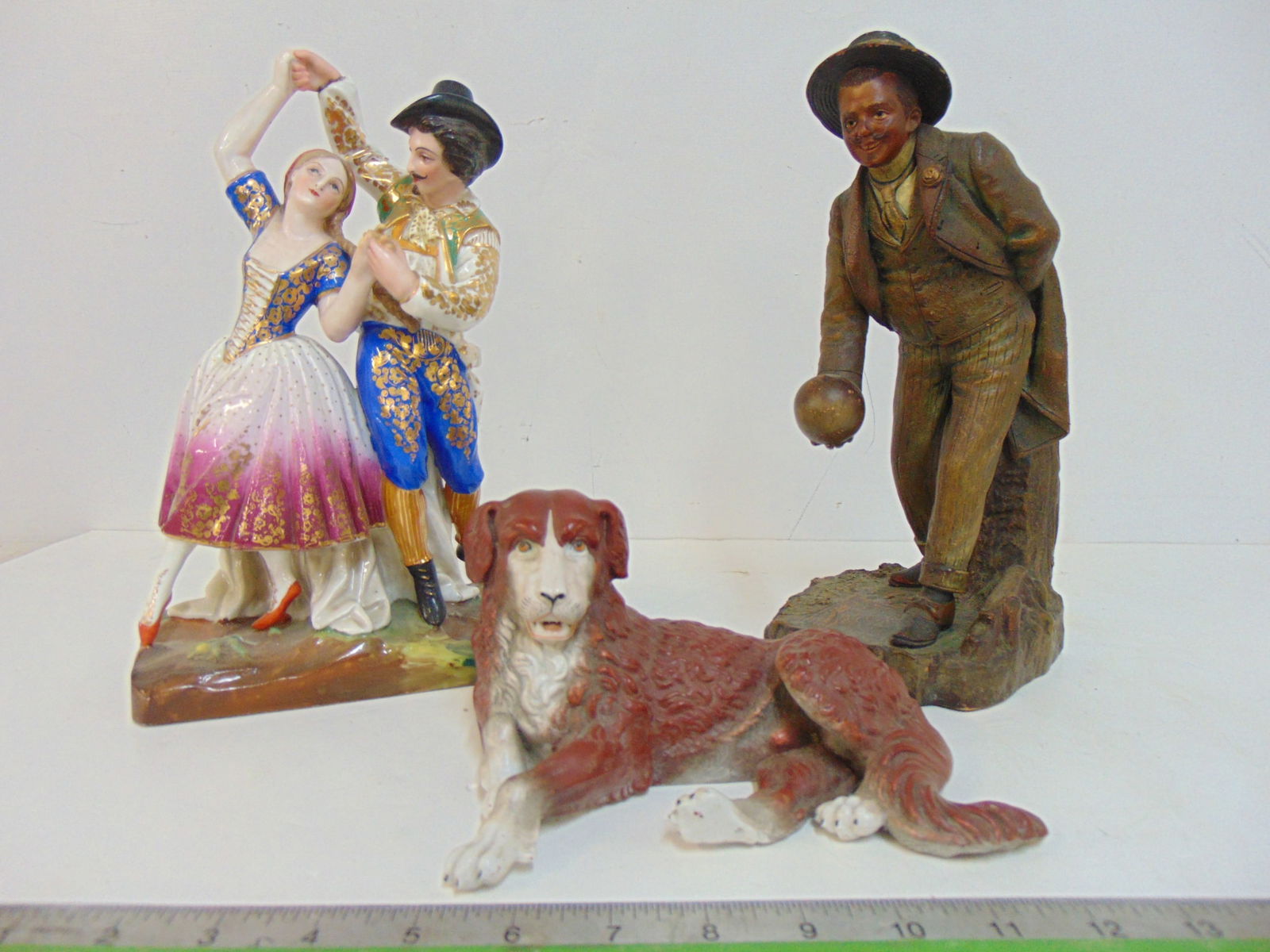 3 ceramic figural pieces, polychrome terracotta bowling dandy; marked Austria, bisque figure of a (1 of 11)