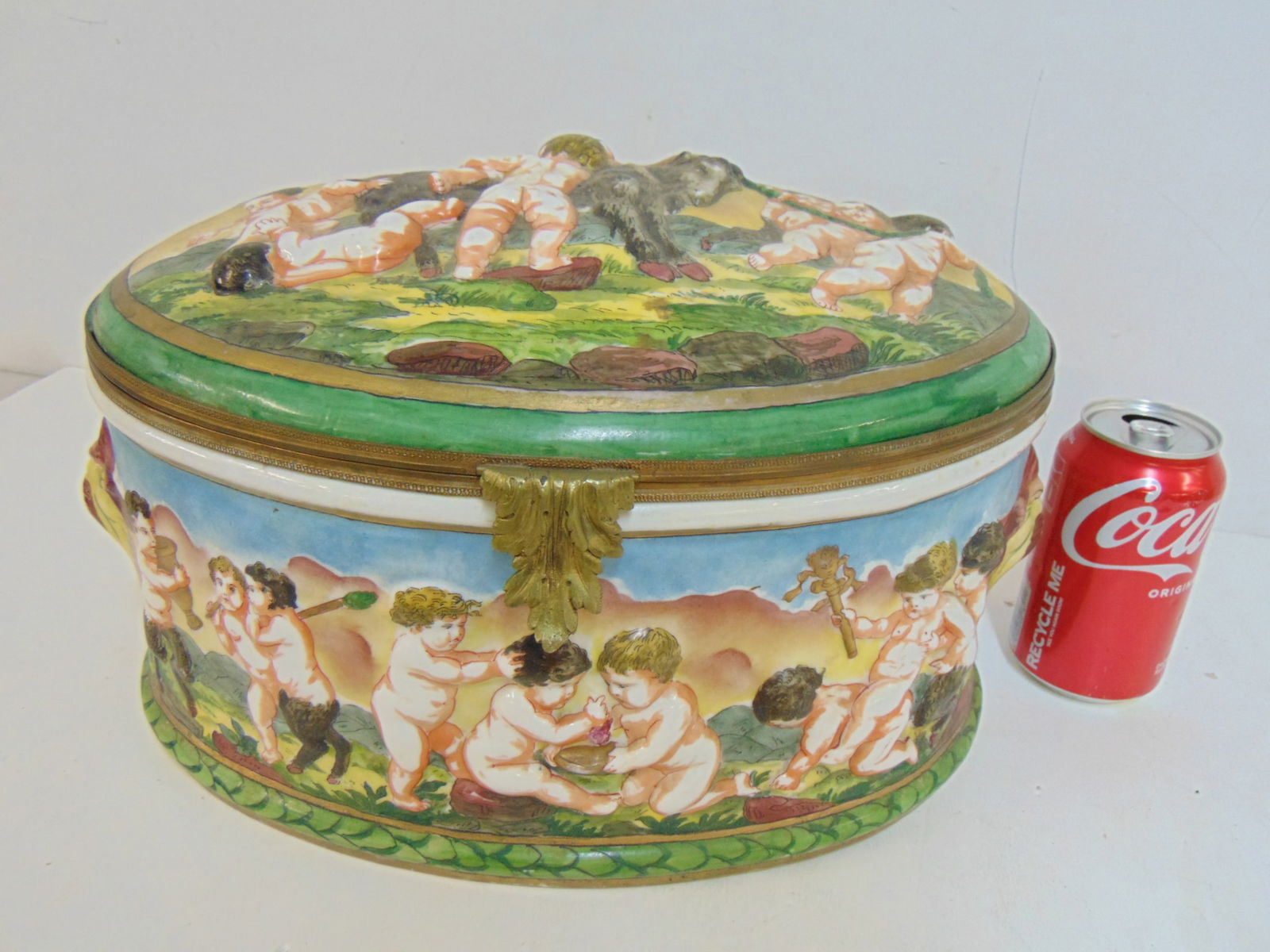Large Capodimonte box with putti decorations, oval box with hinged lid is 13.5" wide, 9" deep, (1 of 9)