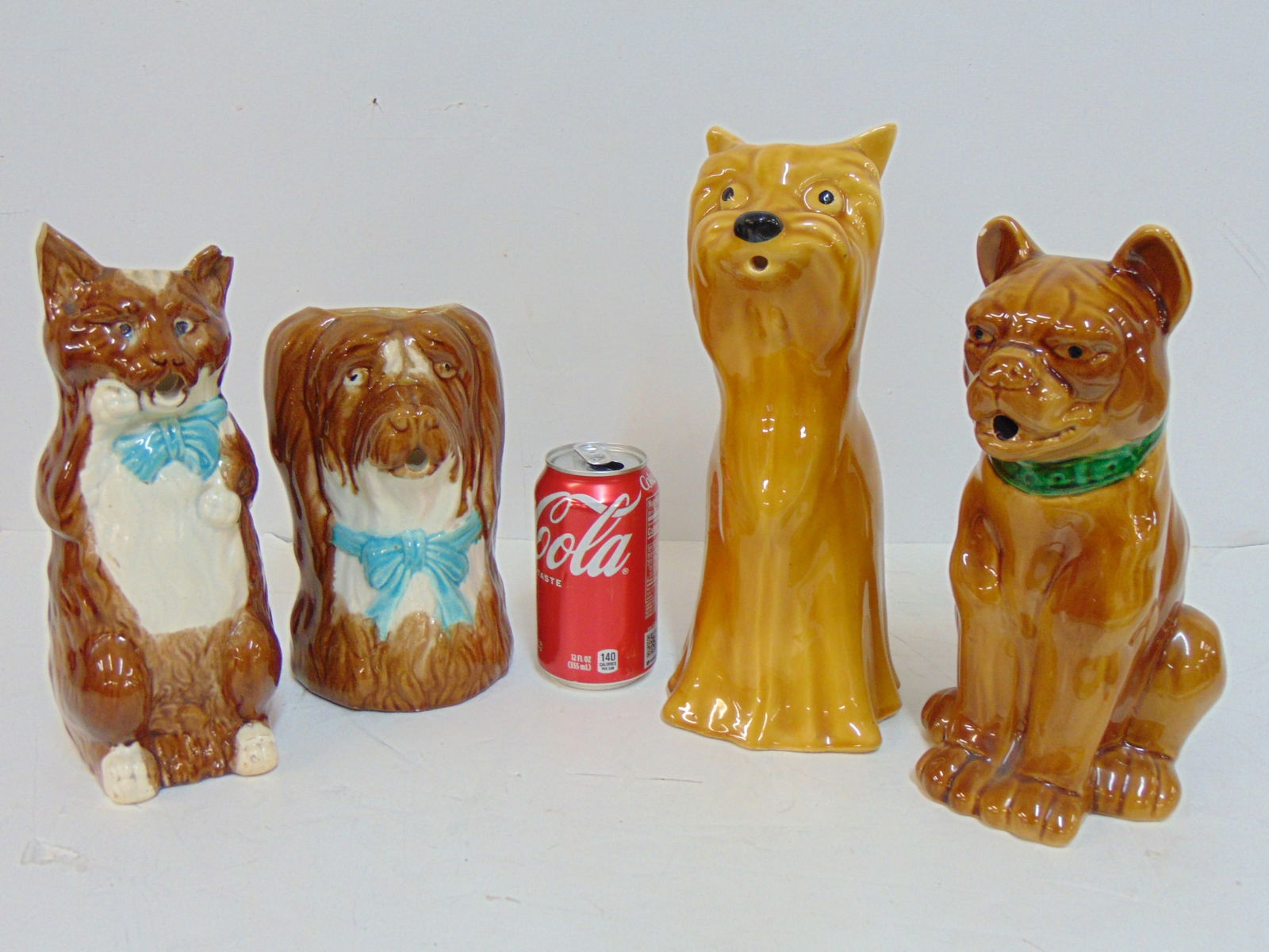 2 pair cat & dog ceramic pitchers, cat with blue ribbon collar has chipped & missing ears (1 of 9)