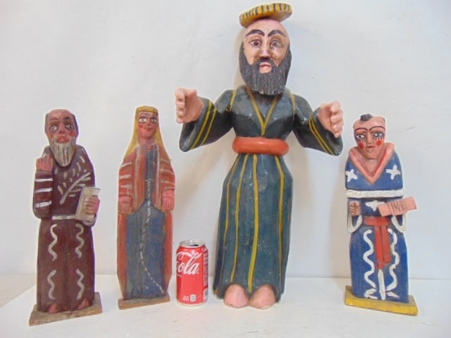 4 carved Mexican Santos figures, one large figure with halo, 24.5" tall & 3 smaller figures, 15" (1 of 5)