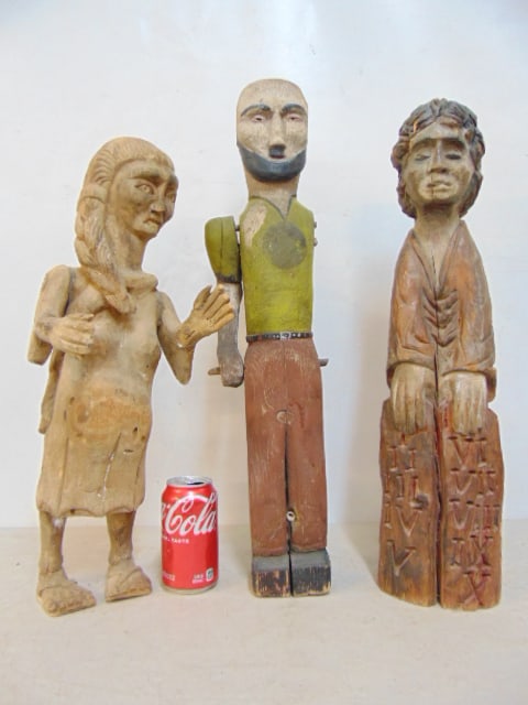 3 Mexican folk art wood carved (Santos) figures, woman with child, saint & bearded man (missing (1 of 5)