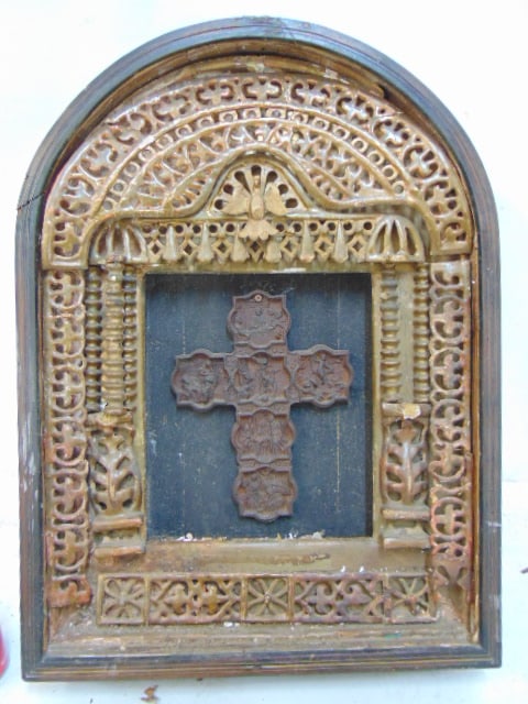 Reliquary cabinet with iron crucifix with various scenes, cabinet has gilt carved reticulated (1 of 11)