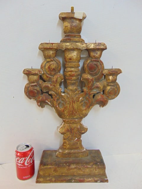 Gilt carved wood & gesso candleholder base, 5 "arms", height is 22.5": Gilt carved wood & gesso candleholder base, 5 "arms", height is 22.5"