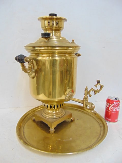 Russian brass samovar, on round brass charger, various stamps, names, plate is 16", height is 19" (1 of 7)