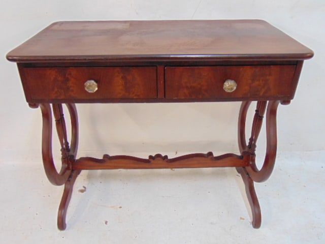 Small lyre base mahogany two drawer stand, late 19th Century, 31.5" by 17", height is 27.5" (1 of 4)
