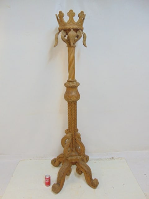 Carved wood oversized candle stick (hall tree?) with crown top, spiral pattern base, height is 71.5": Carved wood oversized candle stick (hall tree?) with crown top, spiral pattern base, height is 71.5"