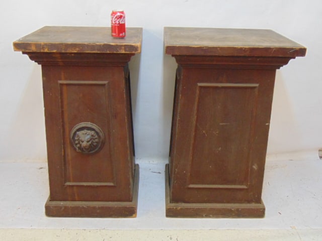 2 pine pedestals, one has lion carving, slightly different in size, 19.75" by 24" & 19.5" by 21.5", (1 of 4)