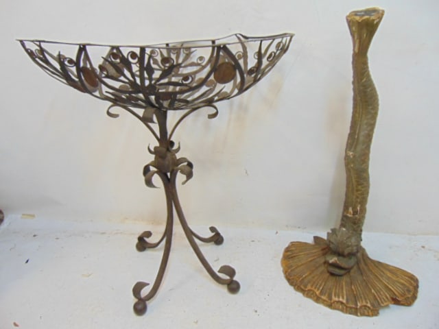Wrought iron table base & Venetian pedestal, sea serpent base with shell base, no top. (1 of 6)