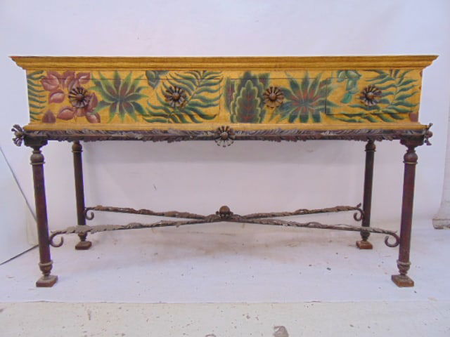 Paint decorated server on wrought iron base, with 4 drawers, server is 60" long, 18" deep, height is (1 of 5)