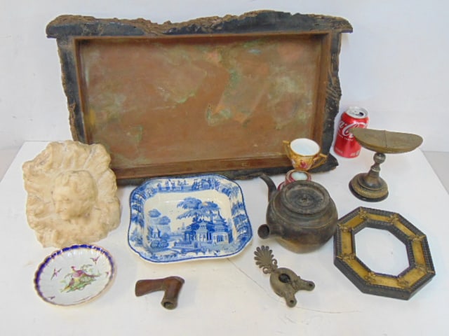 Large lot smalls, early primitive (Persian ?) bronze teapot, carved marble plaque, large rustic edge (1 of 10)