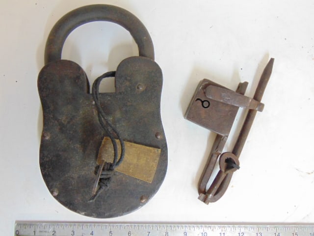 2 early iron locks, padlock style, both with keys, large lock is 11" tall. (1 of 4)