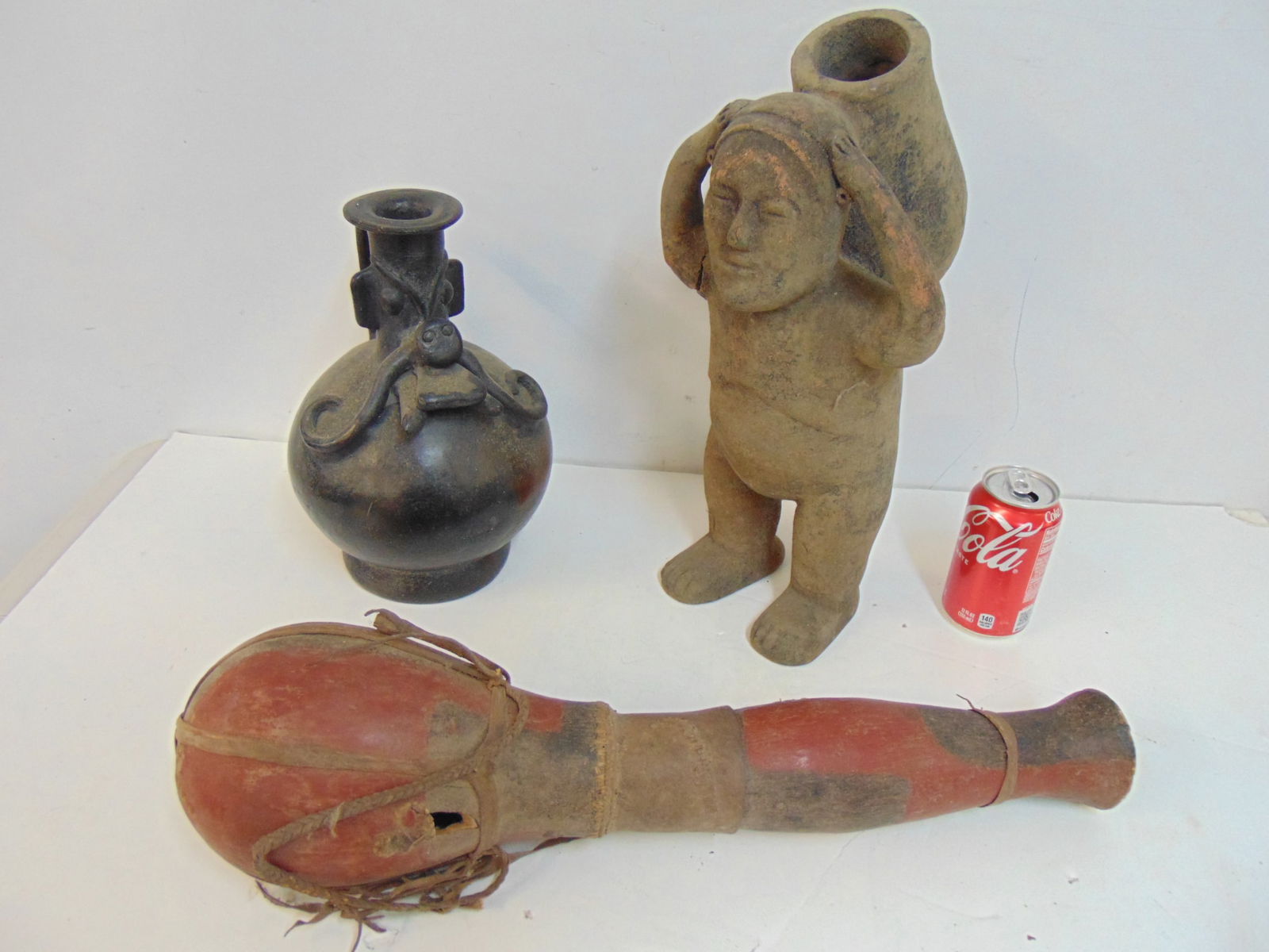 3 ethnographic vessels, figural vessel, black pottery pitcher with pig like snout & wood & leather (1 of 7)