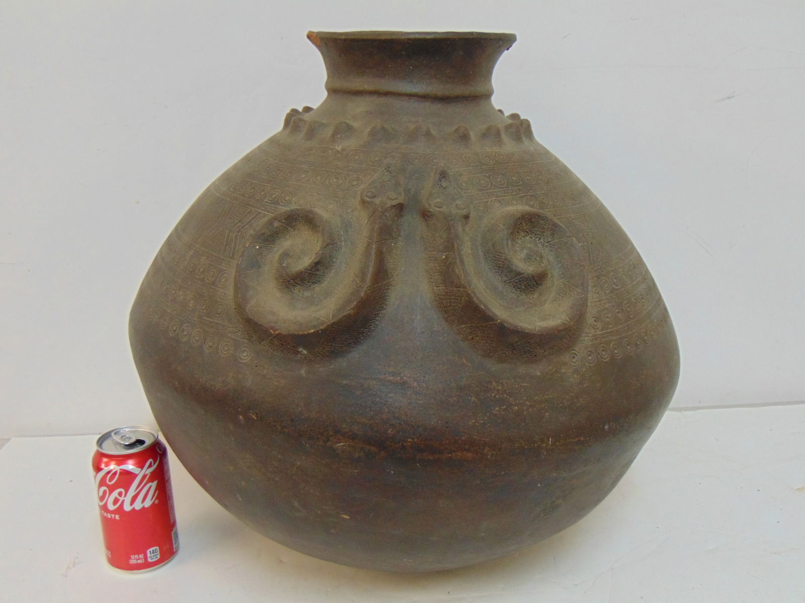 Large pottery Paiwanese viper vessel with snake decoration & intricate design patterns, pot is 18" (1 of 6)