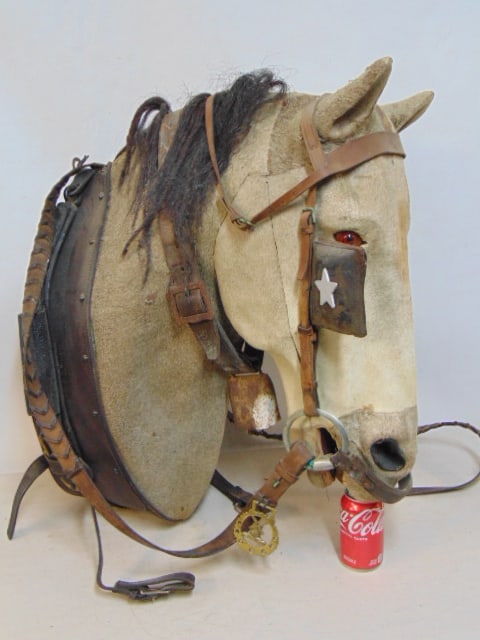 Faux horse head mount, with headgear, leather straps, 29" by 24.5" (1 of 4)