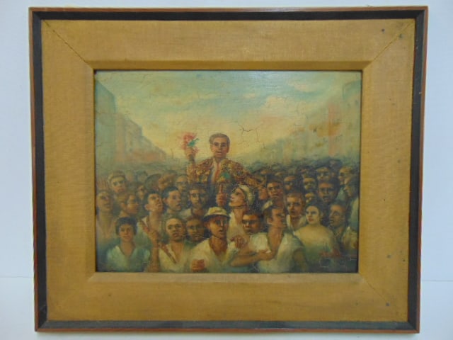 Painting, group of figures with center figure holding flowers, oil on Masonite, unsigned, 10.5" by: Painting, group of figures with center figure holding flowers, oil on Masonite, unsigned, 10.5" by 13.75"