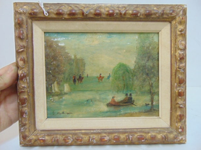 Painting, boating scene in park, signed J. Matheson, oil on wood panel, 6.5" by 8.5", some loss (1 of 4)