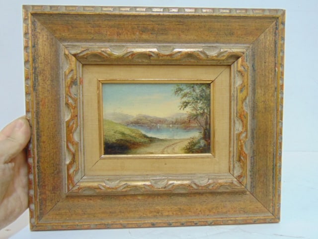 Painting, landscape with lake, country road, signed illegibly, oil on board, 4" by 6": Painting, landscape with lake, country road, signed illegibly, oil on board, 4" by 6"