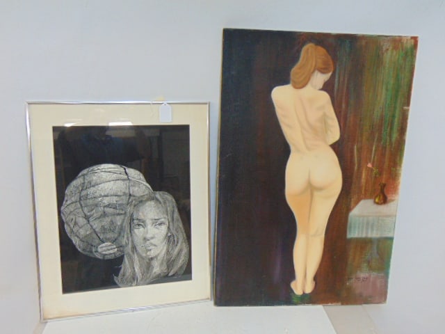 Painting & ink (linoleum cut ?), portrait girl with lantern, signed W. Bond, scratched ink drawing,: Painting & ink (linoleum cut ?), portrait girl with lantern, signed W. Bond, scratched ink drawing, 23.25" by 18.25" & standing nude, oil on canvas signed Jeff Capestany, with Bronx Museum of Art labe