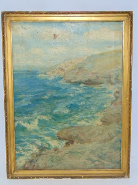 Painting coastal scene with bay, signed Alden Twachtman, oil on canvas, 28.5" by 21",has small hole: Painting coastal scene with bay, signed Alden Twachtman, oil on canvas, 28.5" by 21",has small hole near upper margin.