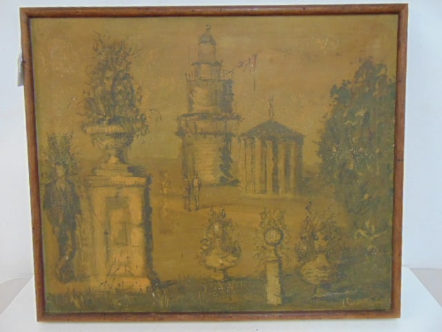 Painting, temple, garden scene, signed illegibly (A.Falsetti ??) 1953, oil on canvas, 24.75 by (1 of 5)