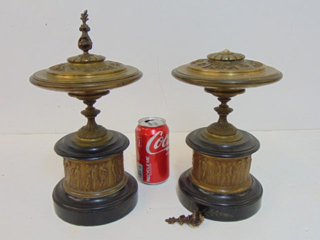 2 large lidded bronze garnitures, slate & bronze with neoclassical designs, one has broken finial, (1 of 5)