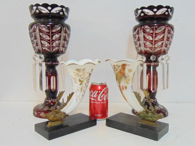 Pair of Bohemian girandoles & 2 flair vases, one with bird decoration, both have bronze elk bases,: Pair of Bohemian girandoles & 2 flair vases, one with bird decoration, both have bronze elk bases, girandoles are 15" tall, missing some hanging crystals