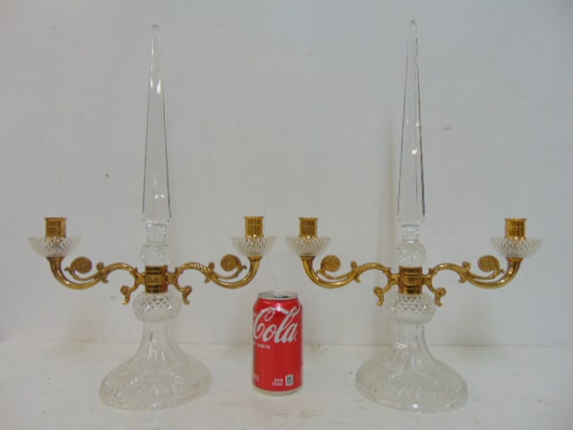 Pair decorative crystal & brass double candle holders with center prism, height is 19" (1 of 4)