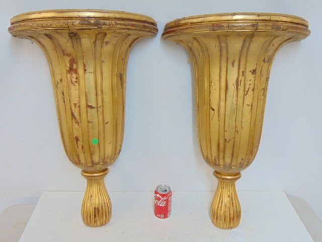 Pair large carved wood gilt shelves in tassel form, each shelf is 28" tall, 18.75" wide, depth is (1 of 4)