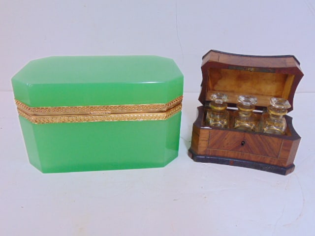 Italian green glass box & inlaid box with 3 perfume bottles, green glass box with hinged lid & brass (1 of 6)