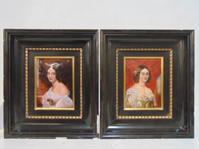 Pair enameled portraits by F.J. Carmona for Limoges in ebonized frames, 5.75" by 4 1/8" (sight),: Pair enameled portraits by F.J. Carmona for Limoges in ebonized frames, 5.75" by 4 1/8" (sight), total size is 11.75" by 10 1/8", some chips on the frames.