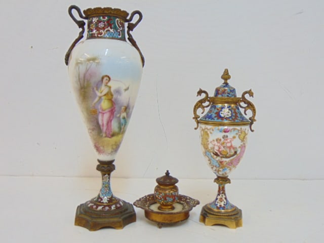 3 enameled, porcelain vases, inkwell, small Capodimonte lidded urn, 9" tall, small marble & (1 of 8)
