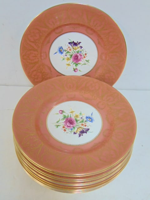 Set of 12 porcelain plates by Royal Worcester, floral decorated, 10 3/8" in diameter. (1 of 5)