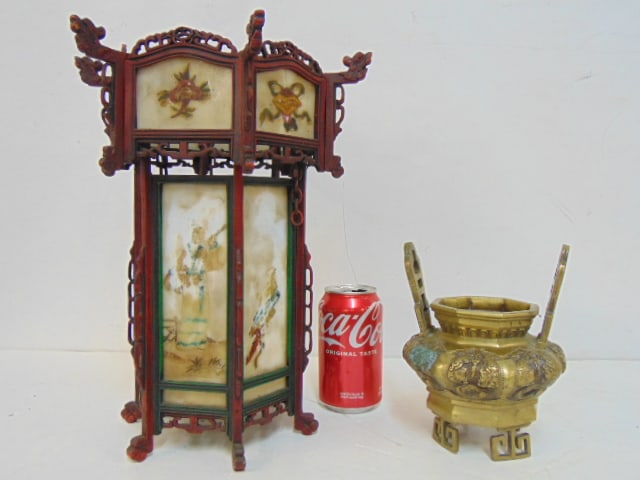 Chinese lantern & brass incense burner, painted brass framed Chinese lantern with painted milk glass (1 of 7)