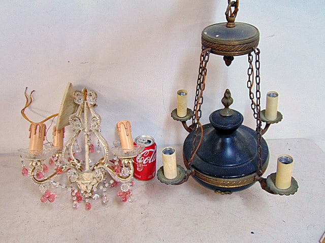 2 small hanging fixtures, painted black metal fixture with brass trim, 4 sockets, height is 19" & (1 of 5)