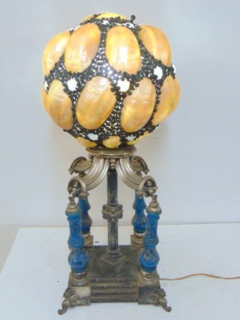 Victorian lamp with bristal glass columns and married Victorian shell shade,, lamp is 29" tall. (1 of 6)