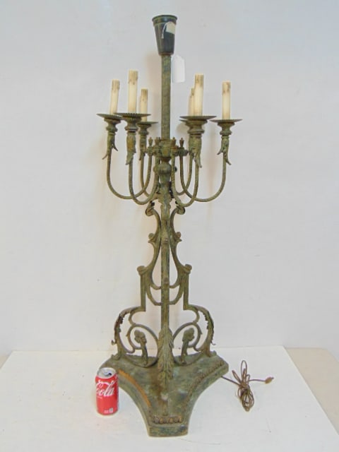 Large candelabra in brass, 6 arms surrounding center socket, some loss, damage, height is 42.75" (1 of 4)