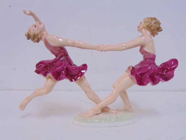 Hutschenreuther porcelain figurine by K. Tutter, two dancing girls, good condition, 12" wide, height (1 of 5)