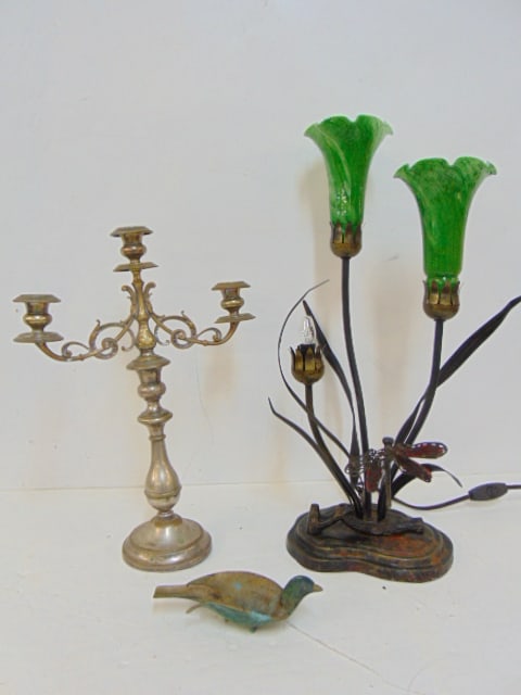 Silver plate candelabra, lamp with art glass shades & bronze ashtray marked Israel, lamp is missing: Silver plate candelabra, lamp with art glass shades & bronze ashtray marked Israel, lamp is missing one shade
