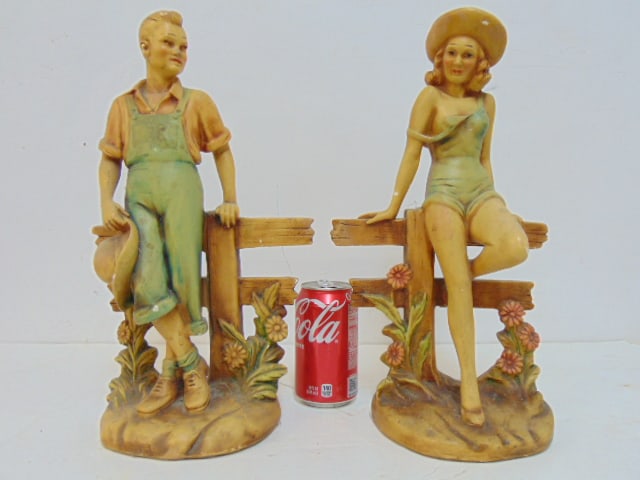 Pair J.W. Lindner figurines, New Art Wares, man & woman leaning against fence, painted plaster: Pair J.W. Lindner figurines, New Art Wares, man & woman leaning against fence, painted plaster