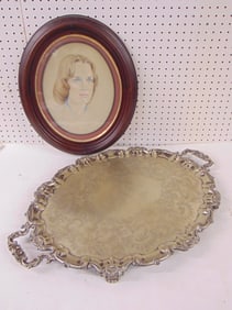 Oval portrait in walnut frame & large silver plated serving tray, oval portrait is 20.5" by 17.5"
