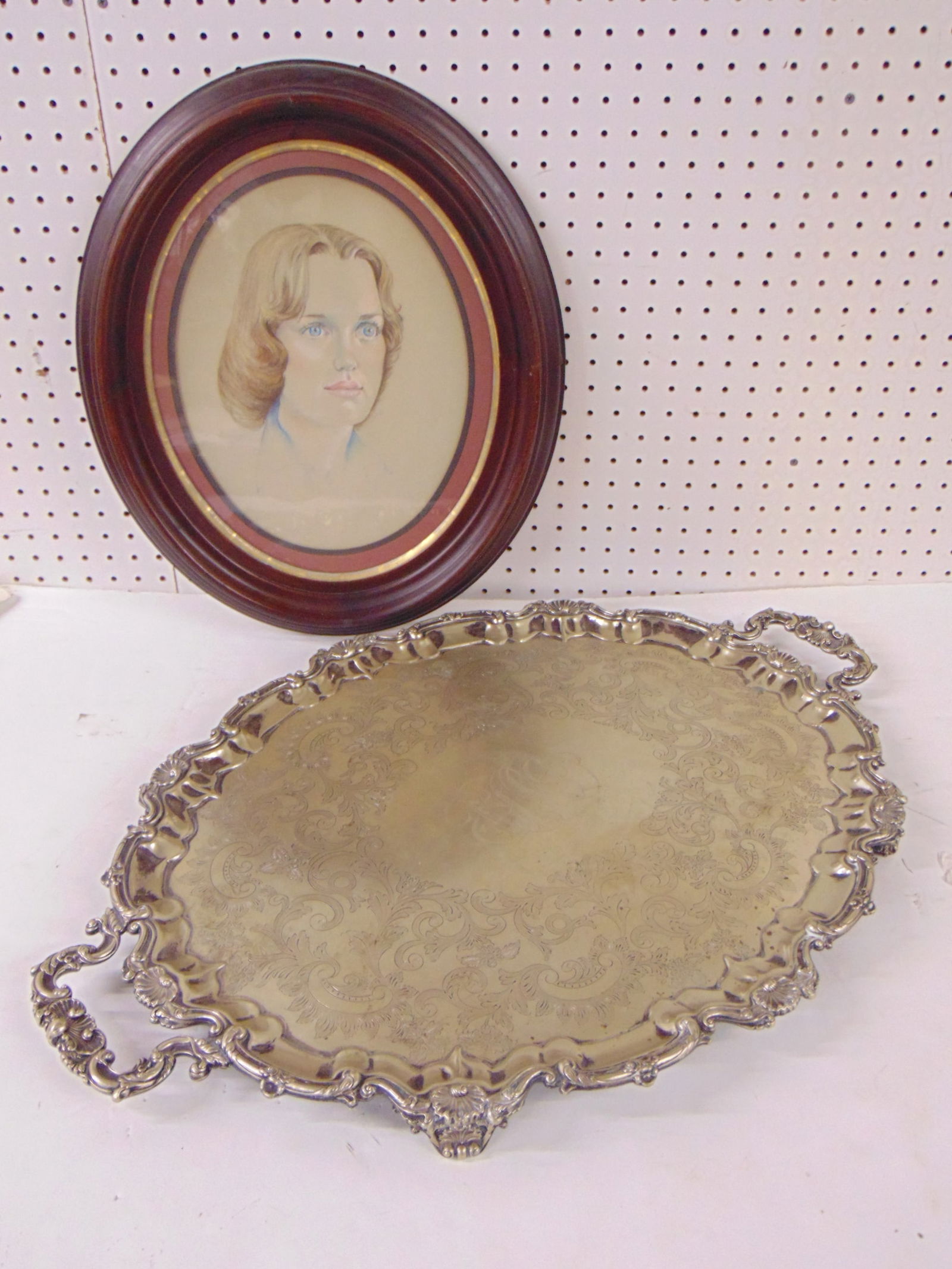 Oval portrait in walnut frame & large silver plated serving tray, oval portrait is 20.5" by 17.5" (1 of 8)