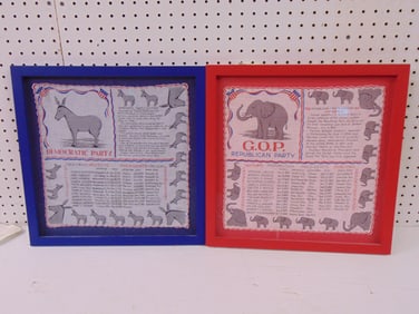 2 political handkerchiefs, Republican & Democratic party, framed, 16.75" by 16.75"