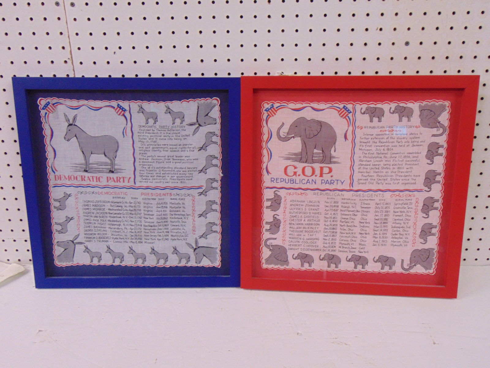2 political handkerchiefs, Republican & Democratic party, framed, 16.75" by 16.75": 2 political handkerchiefs, Republican & Democratic party, framed, 16.75" by 16.75"