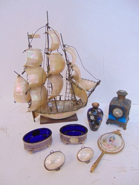 Box lot, shell sail ship, shell boxes, small cloisonne vase (dented), decorative perfume bottle, (1 of 5)
